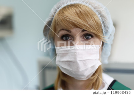 Face of a nurse wearing a mask and hat 119968456