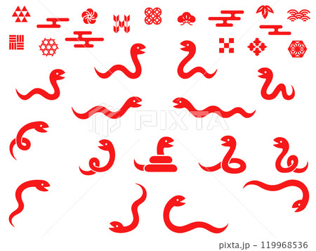 赤いヘビと和柄の飾りのイラストセット 119968536