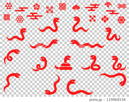 赤いヘビと和柄の飾りのイラストセット 119968536