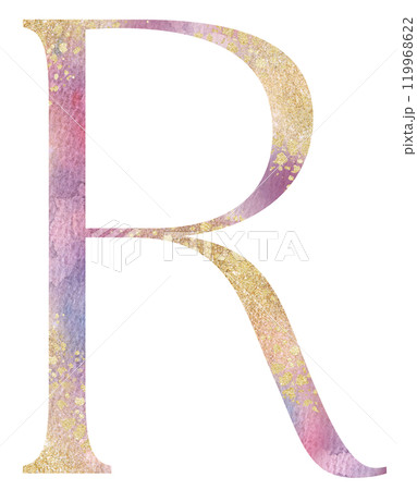 Light pink watercolor letter R with golden splashes, romantic wedding isolated monogram initials Light pink watercolor letter R with golden splashes, romantic wedding isolated monogram initials 119968622