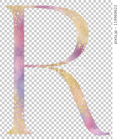 Light pink watercolor letter R with golden splashes, romantic wedding isolated monogram initials Light pink watercolor letter R with golden splashes, romantic wedding isolated monogram initials 119968622