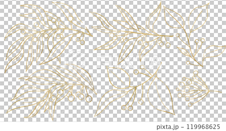 Christmas hand drawn leaves with berries silhouette, golden outlines. Holiday isolated Illustration Christmas hand drawn leaves with berries silhouette, golden outlines. Holiday isolated Illustration 119968625