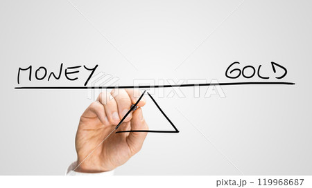 Diagram of a seesaw showing money and gold 119968687