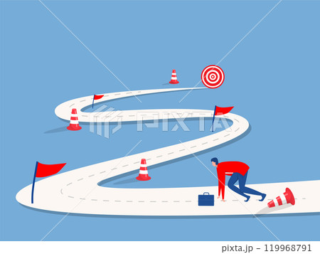 Businessman start on the road to the goal with milestone pin project success journey achievement workflow timeline process step planning progress Businessman start on the road to the goal with milestone pin project success journey achievement workflow timeline process step planning progress 119968791