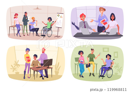 Inclusive workers. Disability people at working place connection with other persons exact vector inclusivity concept illustrations 119968811