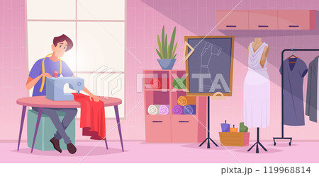 Seamstress. Tailors production designer working on workplaces with sewing machines exact vector cartoon background illustration 119968814