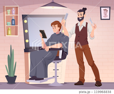 barbershop. hairdresser working in beauty salon vector cartoon background barbershop. hairdresser working in beauty salon vector cartoon background 119968838