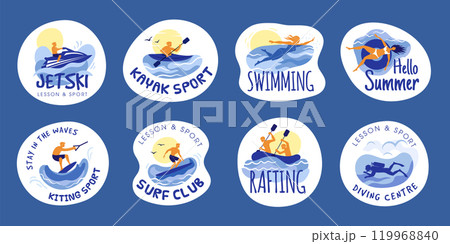 Water activities. Sub board surfing diving water sport and relax time on sea or ocean recent vector emblems with place for text 119968840