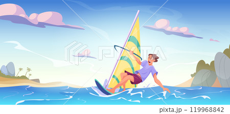 Water sport. Activities on water kayaking diving swimming relax time on beach surfing characters exact vector cartoon background 119968842