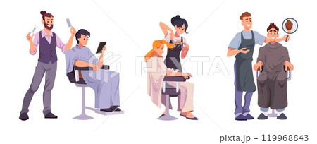 Barbers. Haircut service barbershop characters beauty salon exact vector barbers workers in cartoon style 119968843