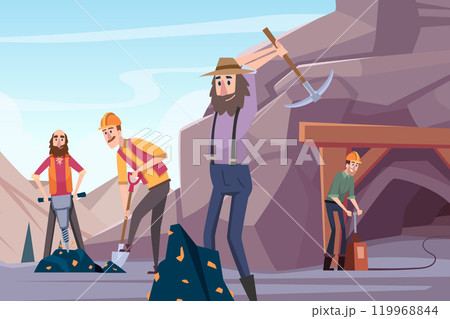 mining workers. miners in active poses mining treasures gem or gold 119968844