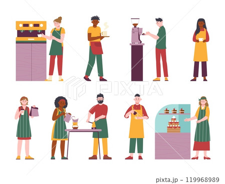 Barista characters. Young people working in cafe or coffee shop, doing espresso americano cappuccino. Girl sell fresh cakes and muffins, splendid vector set 119968989