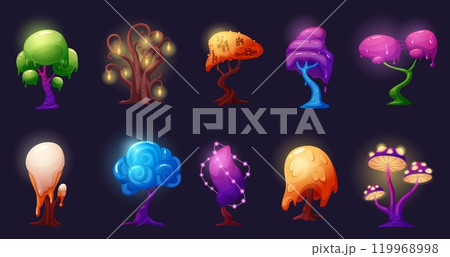 Magic fantastic tree. Fantasy tree, venomous plants from alien planet. Fairytale nature from slime, with shine lights elements, nowaday vector set Magic fantastic tree. Fantasy tree, venomous plants from alien planet. Fairytale nature from slime, with shine lights elements, nowaday vector set 119968998