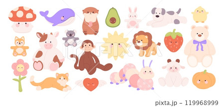 Plush stuffed toys. Textile animals, fabric avocado pumpkin heart mushroom sunny flower. Funny bear monkey cow koala whale, racy vector clipart Plush stuffed toys. Textile animals, fabric avocado pumpkin heart mushroom sunny flower. Funny bear monkey cow koala whale, racy vector clipart 119968999