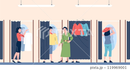Fitting room. People in apparel store choose and try new outfits. Women dressing, looks in mirrors and talks with friends. Fashion shopping recent vector scene Fitting room. People in apparel store choose and try new outfits. Women dressing, looks in mirrors and talks with friends. Fashion shopping recent vector scene 119969001