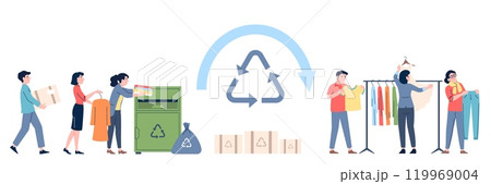 Clothes recycling concept. People donating textile in special container. Recycle, eco friendly lifestyle, second hand store. Recycled apparel recent vector scene 119969004