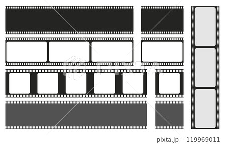 Retro film frames and ribbon. Blank film stripes isolated in white. Cinema or photo elements, slides for analog camera. Black frames vector seamless pattern Retro film frames and ribbon. Blank film stripes isolated in white. Cinema or photo elements, slides for analog camera. Black frames vector seamless pattern 119969011