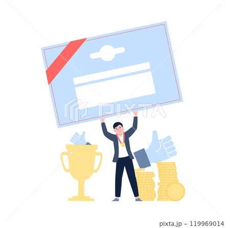 Man holding giant certificate. Education, self development, work success. Like concept, more money and privilege. Career character flat vector scene Man holding giant certificate. Education, self development, work success. Like concept, more money and privilege. Career character flat vector scene 119969014