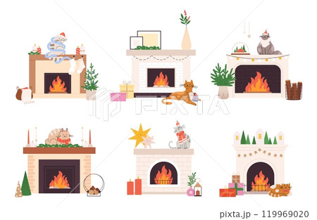 Cartoon cats on fireplaces. Christmas decorated fireplace and cute funny cat, gift boxes, xmas tree garlands and candles. New Year vector elements 119969020