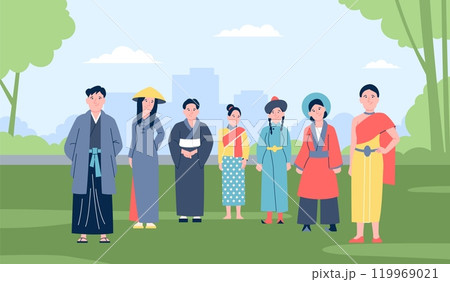 Asian traditional wearing characters standing in city park. Oriental clothes for men and women, national dresses and costumes vector scene 119969021