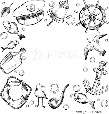 Steering wheel, lifebuoy, sea gulls, captain s cap, fish, water bladders, anchor, bottle of rum, tobacco pipe, ship s bell. Graphic linear drawing, hand drawn in black and white monochrome. nautical. 119969102