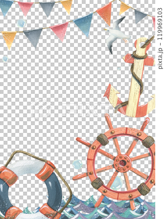 Ship steering wheel, lifebuoy, striped anchor floating on water and flying seagull with garlands of flags, bubbles. Watercolor hand-drawn illustration. Vertical frame, empty template for text Ship steering wheel, lifebuoy, striped anchor floating on water and flying seagull with garlands of flags, bubbles. Watercolor hand-drawn illustration. Vertical frame, empty template for text 119969103