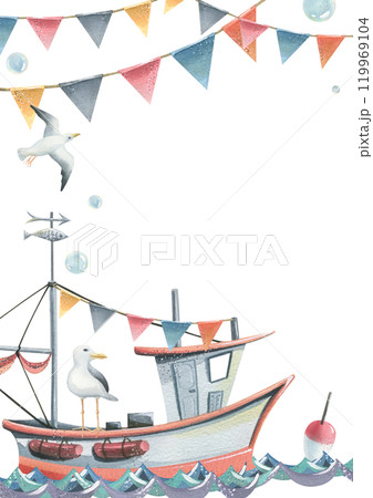Fishing boat with sails and mast, flying seagull, float on water, with garlands of flags, bubbles. Watercolor illustration hand drawn. Vertical frame, empty template for text 119969104