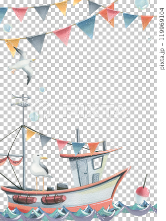 Fishing boat with sails and mast, flying seagull, float on water, with garlands of flags, bubbles. Watercolor illustration hand drawn. Vertical frame, empty template for text 119969104
