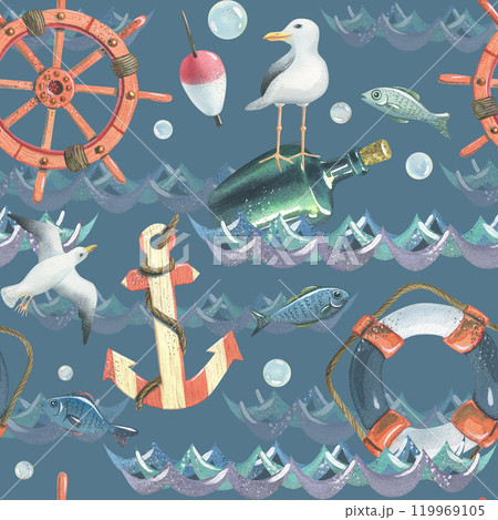 Ship steering wheel, lifebuoy, striped anchor, bottle of rum with seagull, flying seagulls, fish, fishing float, bubbles floating on water. Hand drawn watercolor illustration. Seamless pattern. Ship steering wheel, lifebuoy, striped anchor, bottle of rum with seagull, flying seagulls, fish, fishing float, bubbles floating on water. Hand drawn watercolor illustration. Seamless pattern. 119969105