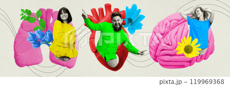 Contemporary art collage. Group of people around symbolic organs lungs, heart, and brain, promoting health and positivity. Contemporary art collage. Group of people around symbolic organs lungs, heart, and brain, promoting health and positivity. 119969368