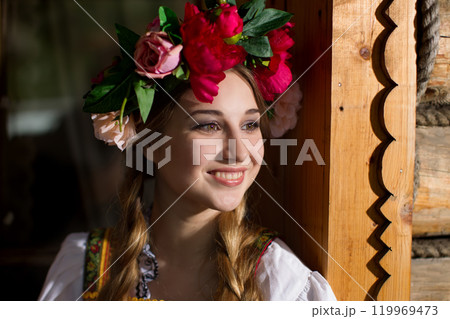 Beautiful Russian Slavic girl in national dress. Beautiful Russian Slavic girl in national dress. 119969473