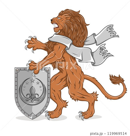 Rampant lion with ribbon and medieval shield 119969514