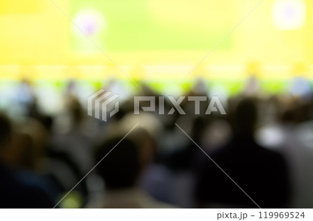 Speaker giving talk in conference hall at business event. Rear view of unrecognizable people in audience at the conference hall. Speaker giving talk in conference hall at business event. Rear view of unrecognizable people in audience at the conference hall. 119969524