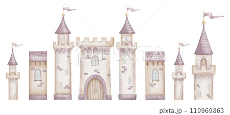 Castle watercolor illustration for clip art. Fairytale palace with towers in pastel pink colors for baby greeting cards and girl nursery wall art. Magic fortress for kid design and childish poster. 119969863
