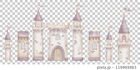 Castle watercolor illustration for clip art. Fairytale palace with towers in pastel pink colors for baby greeting cards and girl nursery wall art. Magic fortress for kid design and childish poster. 119969863