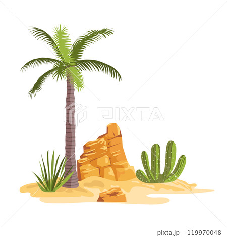 Desert landscape in flat design. Palm tree, green cactus and grass by rocks. Vector illustration isolated. 119970048