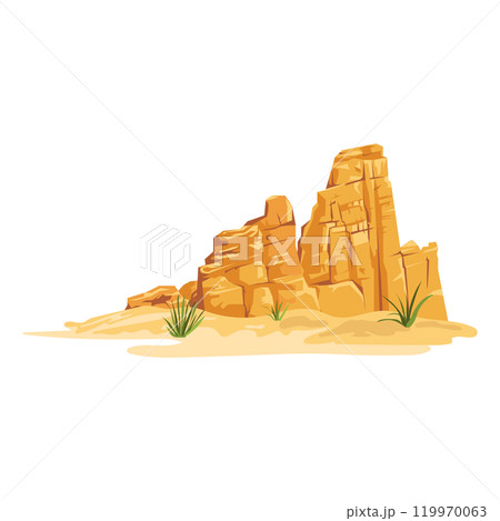 Desert rocks in flat design. Wilderness scenery with hot sand, stones and grass. Vector illustration isolated. 119970063