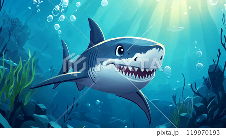 Shark Sea Ocean Cartoon Illustration Marine Predator Underwater Creature Fin Scary Fish Waves Deep Sea Background Swimming Dangerous Animal Ocean Life Blue Water Ocean Floor Marine 119970193