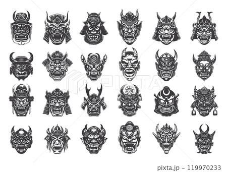 Japanese Demon Masks Oni Masks Traditional Mythological Symbols Evil Spirits Demonic Faces Linocut Print Style Icons Set Neat Thick Strokes Detailed Shapes White Background 119970233