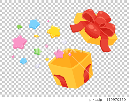 かわいいプレゼントの箱から中身が飛び出すイラスト_赤いリボンと黄色い箱 119970350