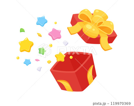 かわいいプレゼントの箱から中身が飛び出すイラスト_黄色いリボンと赤い箱 かわいいプレゼントの箱から中身が飛び出すイラスト_黄色いリボンと赤い箱 119970369