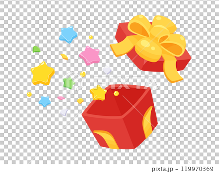 かわいいプレゼントの箱から中身が飛び出すイラスト_黄色いリボンと赤い箱 かわいいプレゼントの箱から中身が飛び出すイラスト_黄色いリボンと赤い箱 119970369