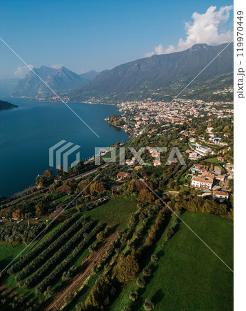 Aerial view of a lakeside town 119970449