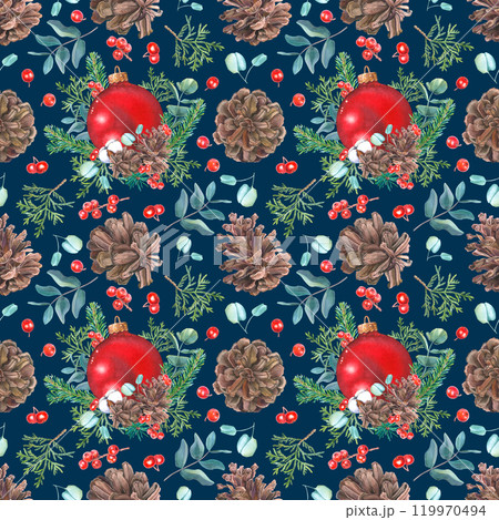 Seamless pattern of Christmas red ball, pine, fir, thuja branches, pine cones, cotton, eucalyptus, holly berries. Hand drawn watercolor illustration on dark blue background. For packaging, fabric. Seamless pattern of Christmas red ball, pine, fir, thuja branches, pine cones, cotton, eucalyptus, holly berries. Hand drawn watercolor illustration on dark blue background. For packaging, fabric. 119970494