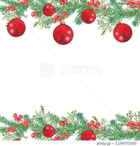 Square frame of spruce green branches, thuja, holly berries, red Christmas balls. Hand drawn watercolor illustration of botanical winter elements on isolated background. Template for Xmas invitations. Square frame of spruce green branches, thuja, holly berries, red Christmas balls. Hand drawn watercolor illustration of botanical winter elements on isolated background. Template for Xmas invitations. 119970500