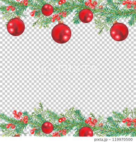 Square frame of spruce green branches, thuja, holly berries, red Christmas balls. Hand drawn watercolor illustration of botanical winter elements on isolated background. Template for Xmas invitations. Square frame of spruce green branches, thuja, holly berries, red Christmas balls. Hand drawn watercolor illustration of botanical winter elements on isolated background. Template for Xmas invitations. 119970500
