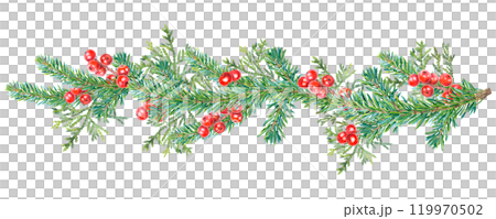Christmas garland fir branches, red holly berries and thuja. Hand drawn watercolor illustration of hanging decor on isolated background. Template for holiday greeting cards or party invitations. 119970502