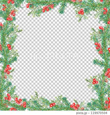 Square frame of spruce green branches, red holly berries, thuja. Hand drawn watercolor illustration of botanical winter elements on isolated background. Template with ilex for holiday greeting cards. 119970504