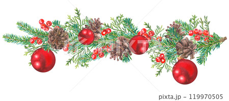 Green spruce branches decorated with red berries, pine cones and Christmas holiday balls. Hand drawn watercolor illustration of fir tree twig on isolated background. Conifer for New Year invitations. 119970505