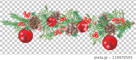 Green spruce branches decorated with red berries, pine cones and Christmas holiday balls. Hand drawn watercolor illustration of fir tree twig on isolated background. Conifer for New Year invitations. 119970505